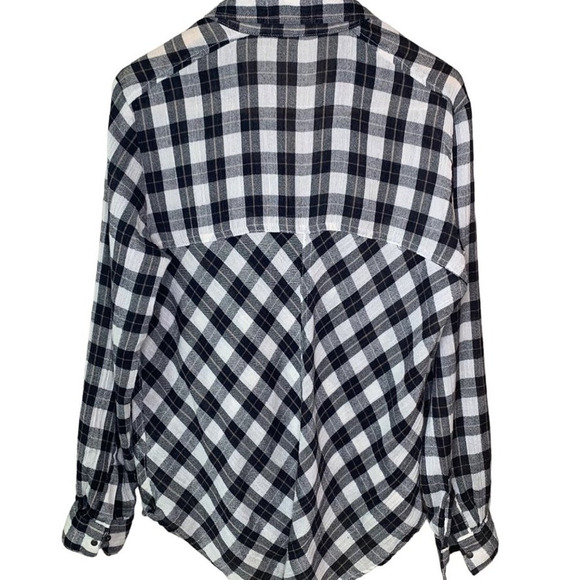 Free People Top Women's Size Small Snap Front Monochrome Plaid Lace Up Shoulder - Picture 3 of 4